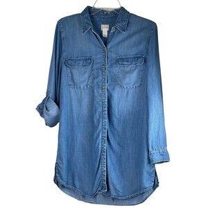 Chico's Sz 0P Petite Small Denim Shirt Jacket Light Wash Long Sleeve-roll Tab